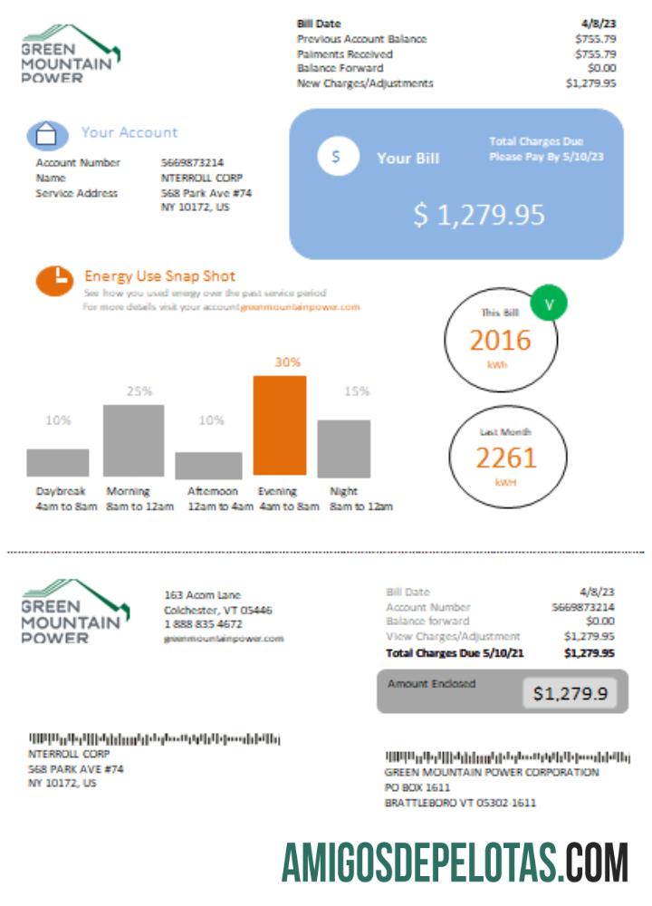 Conta de serviços públicos de eletricidade de Vermont Green Mountain Power SCR amostra